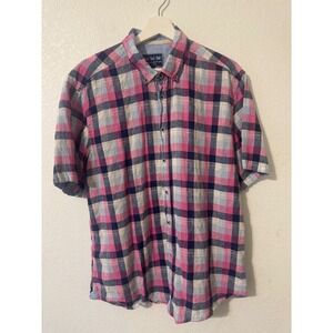 Charleston Threads Plaid‎ Linen Blend Button Down Short Sleeve Shirt L